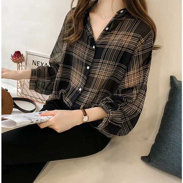 2023 Early Autumn Women's New Chic Loose Bf Plaid Shirt Women's Long Sleeve Hong Kong Style Top Korean Style Shirt