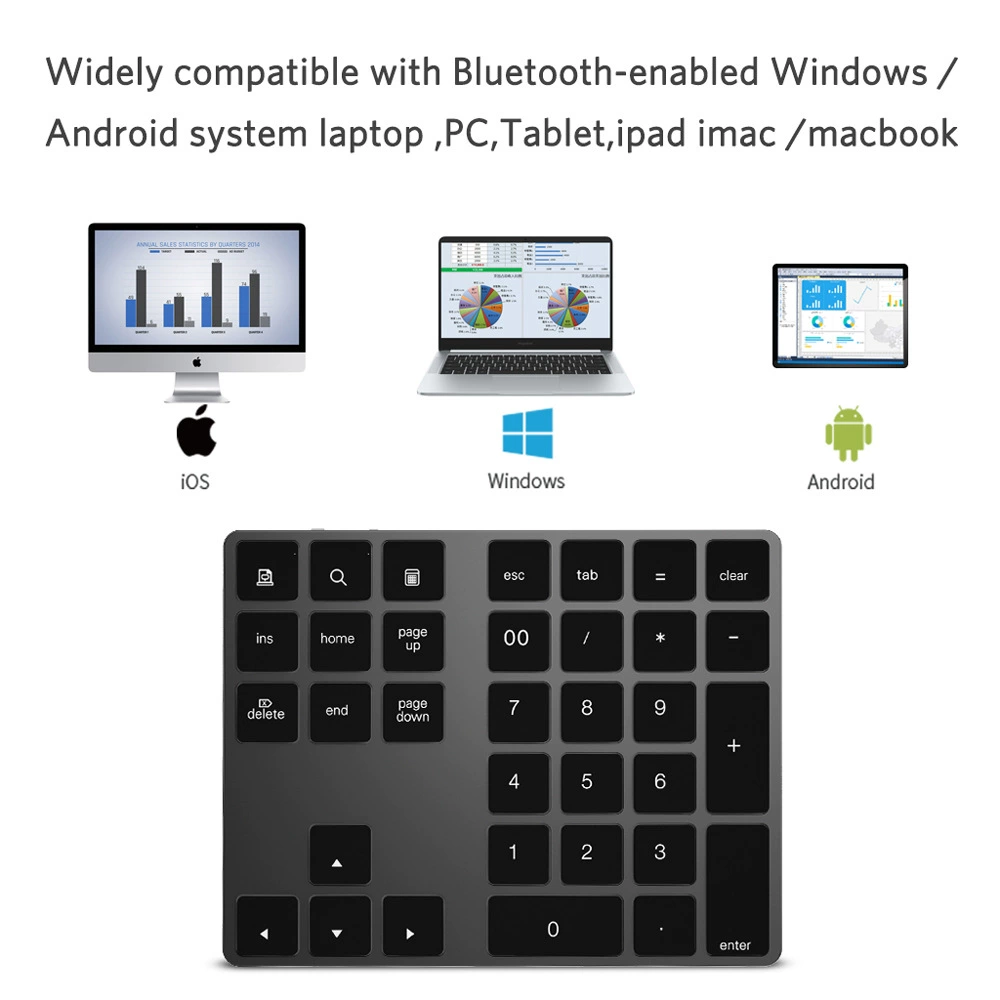 Bluetooth Numeric Keypad BT181, Aluminum Alloy 34-Key Compact, Apple-compatible