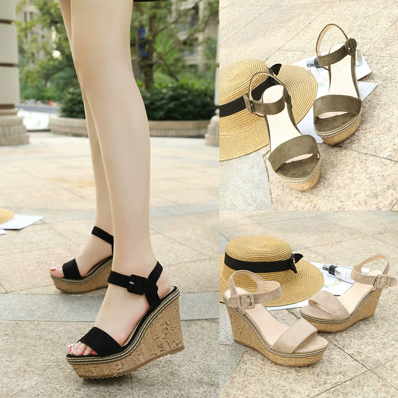 Босоножки на танкетке, женская летняя непромокаемая Европейская и американская женская обувь на платформе, новинка 2018 года, замшевые модные универсальные туфли на высоком каблуке на толстой подошве