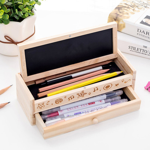 Creative, exquisite and cute storage box, multifunctional wooden DIY small blackboard drawer pencil box, Korean stationery box