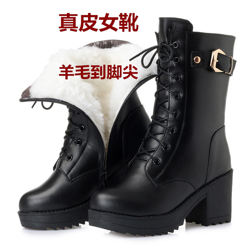 19 winter New genuine leather Martin mid-barrel women's boots thick heel waterproof women's cotton shoes snow boots large size WCJ288 special offer