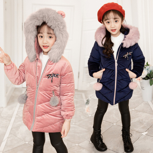 Winter New Girls' Cotton Jacket Korean Style Medium and Large Children Chiffon Fleece Thick Middle-Length Dragonfly Down Cotton Jacket Outerwear Trendy