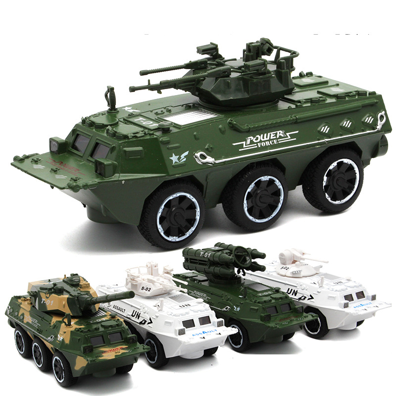 Modelo de aleación de transporte blindado de personal con simulación de sonido de luz 4 modelos de juguetes militares para niños pintados