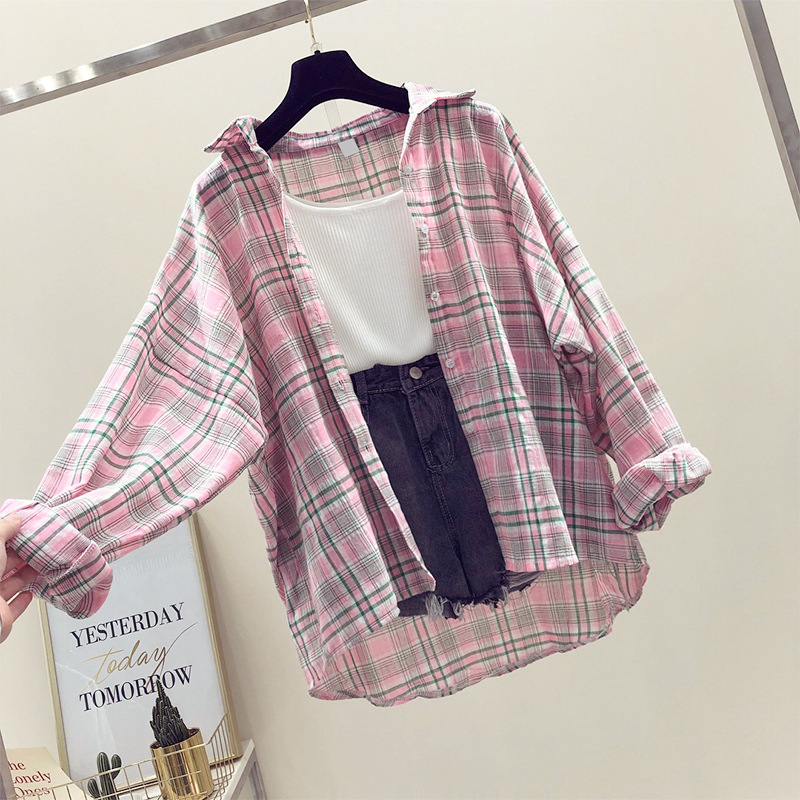 Women Pink Plaid Loose Shirt Summer 2024