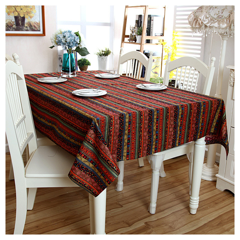 Tischdecke im südostasiatischen Ethno-Stil aus Baumwoll-Leinen-Spitze mit Goldprägung und Streifenmuster, erhältlich für Couchtische._voghion.com