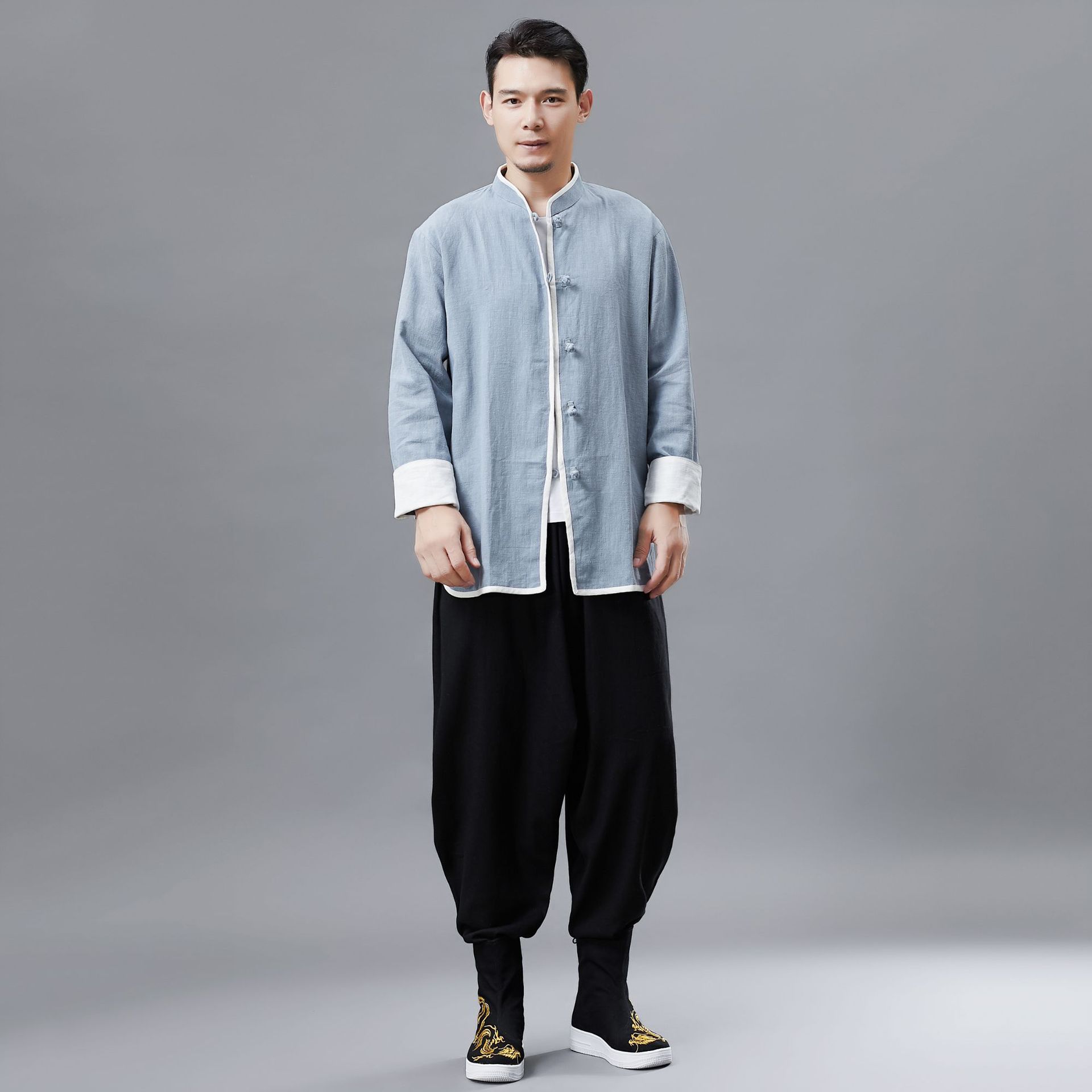 Autumn new roller shirt stands up and small cloth buckle men's shirt…