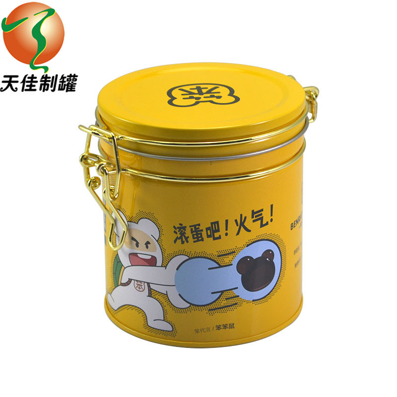 东莞厂家圆形密封牛轧糖铁盒翻盖马口铁金属盒糖果礼品包装铁盒
