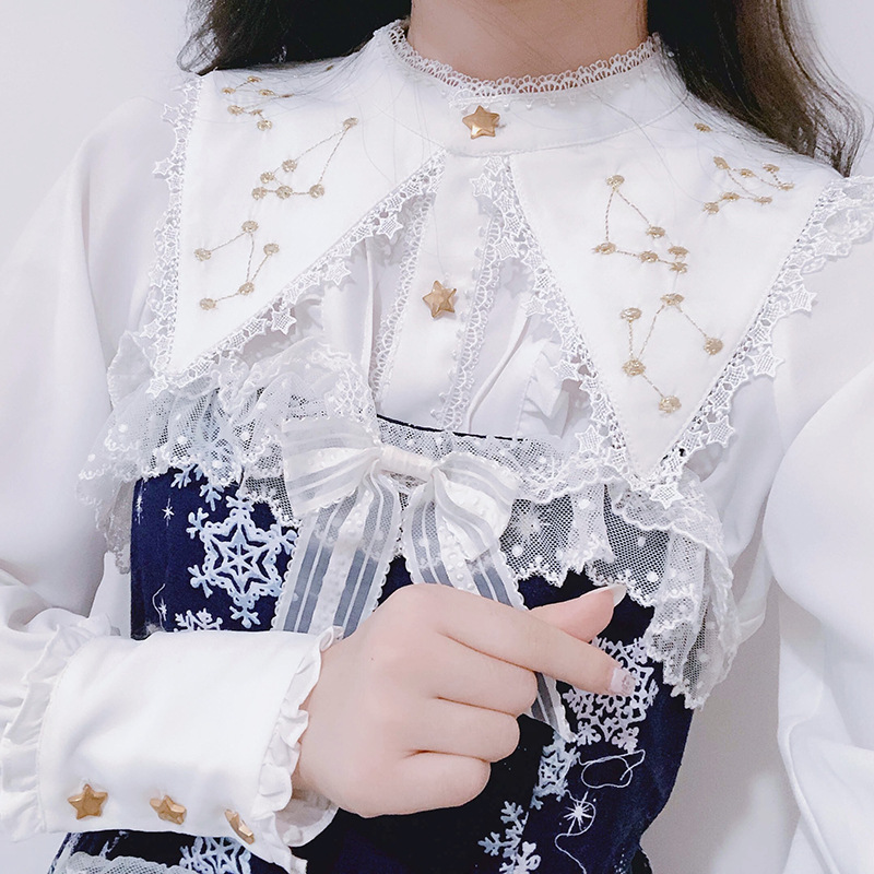 【星座衬衫】新款长袖女秋 百搭lolita金线刺绣雪纺衫