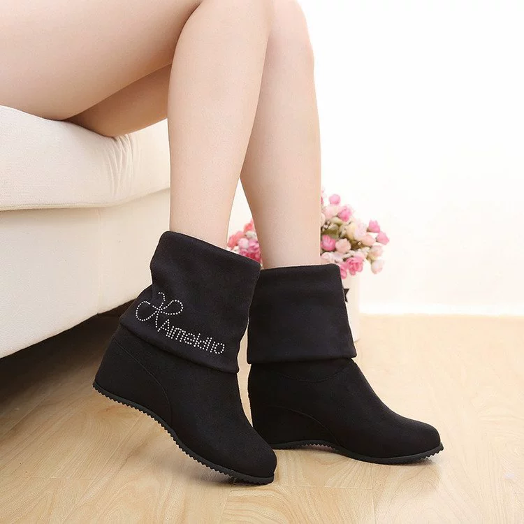 Осень 2021 Новые женские сапоги в Корейском стиле с круглым носком и стразами на танкетке на каблуке