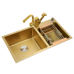Factory wholesale: Nano sink, thickened gold-colored, handmade double-bowl 304 stainless steel kitchen vegetable washing basin and sink set
