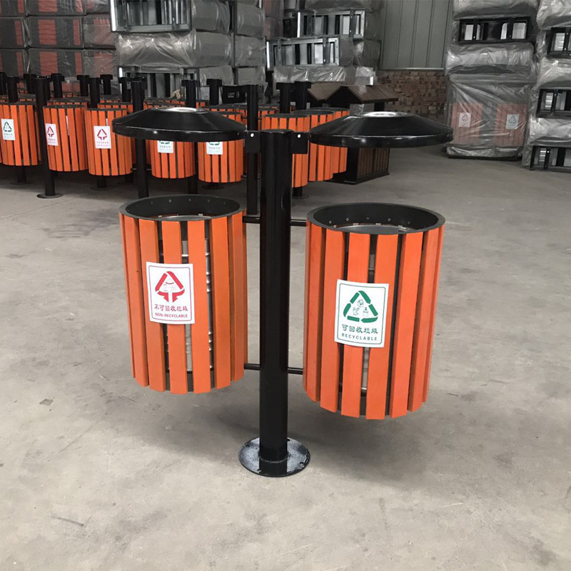 厂家定户外钢木双通垃圾桶圆形立柱式公园分类果皮箱实木垃圾桶