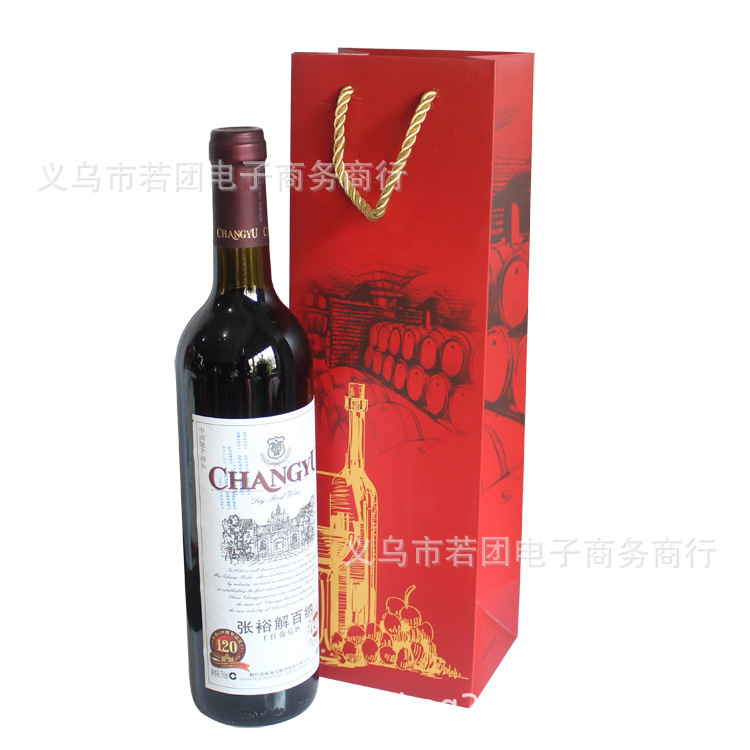 现货红色单双支装手提红酒袋 葡萄酒礼品袋 白卡纸包装袋批发