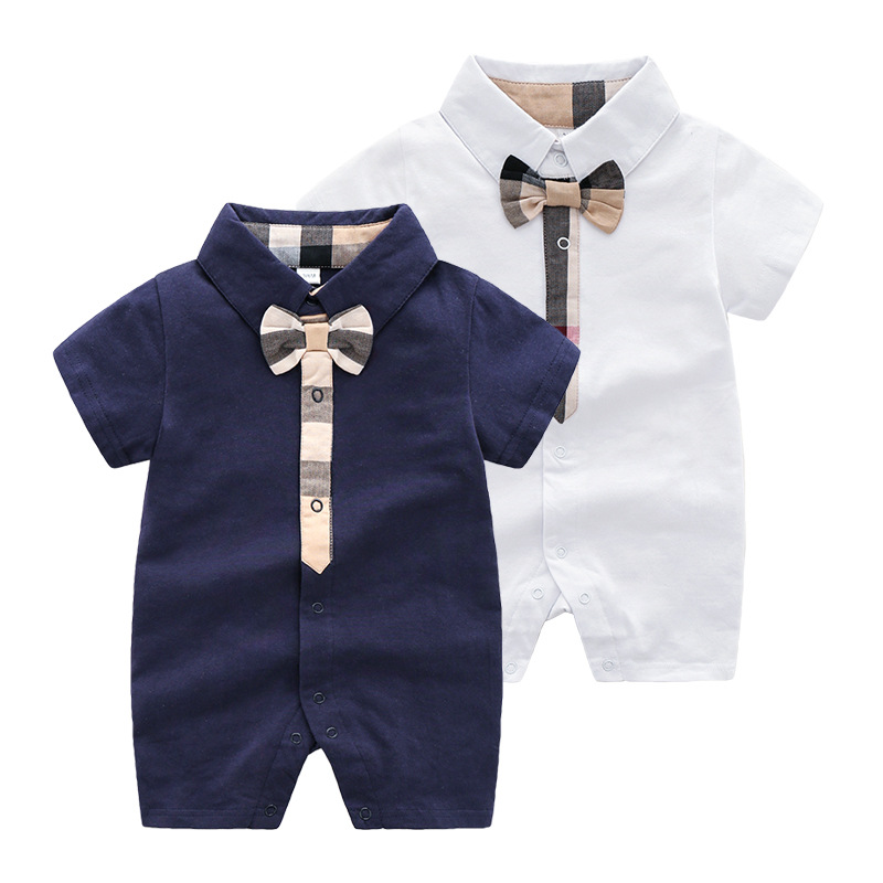 Fashionable All-match Baby Climbing Clothing Cotton Baby Clothes Knitted Short-sleeved Gentleman's New-born Ha-ha Clothes Summer Closed Full Moon