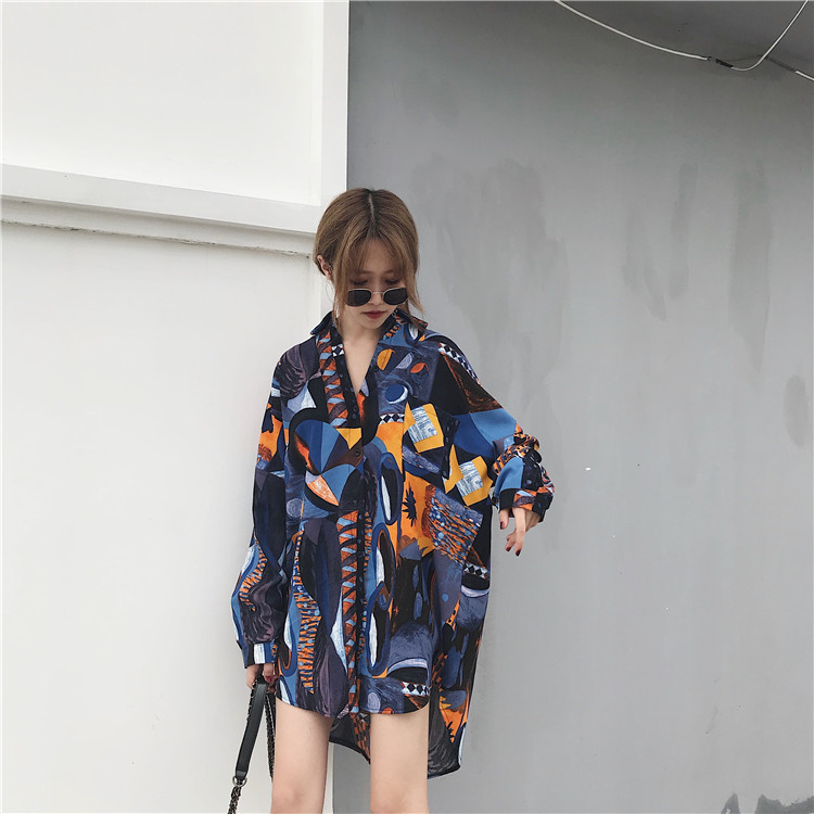Wholesale Korean Style Women's Mid-Length Printed Long-Sleeve Shirt, European and American Loose-Fitting Sun-Protective Cardigan with Retro Color-Blocking Design, Versatile