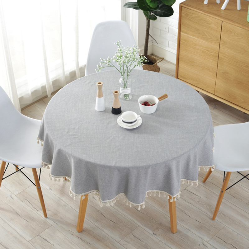 Japanese Style Simple Yarn-dyed Cotton and Linen Imitation Tablecloth Tablecloth Round Plain Solid Color light gray Navy Blue Tassel Tablecloth