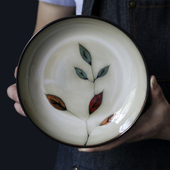 歐美客日式陶瓷手繪盤子窯變釉圓形餐盤個性深湯盤創意圓形彩葉