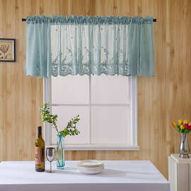 【美米】厂家直销厨房咖啡帘小清新成品穿杆小窗帘蓝色蕾丝短帘