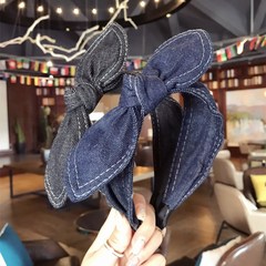 韓国の頭飾りの新型シンプルな雰囲気のデニムの布芸のウサギの耳のカチューシャの女性の百変の蝶結びの細いカチューシャ