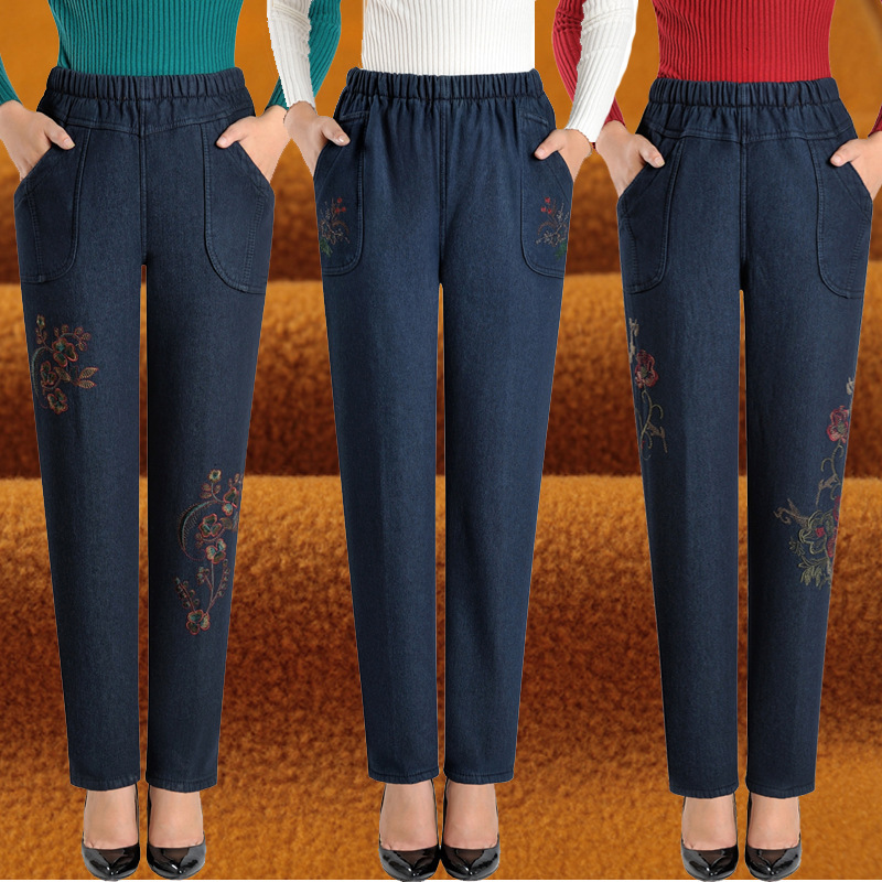 Middle-Aged and Elderly Women's Winter and Autumn Velvet Jeans Women's High-Waisted Loose Mother's Wear Grandma's Wear Plus Size Women's Pants