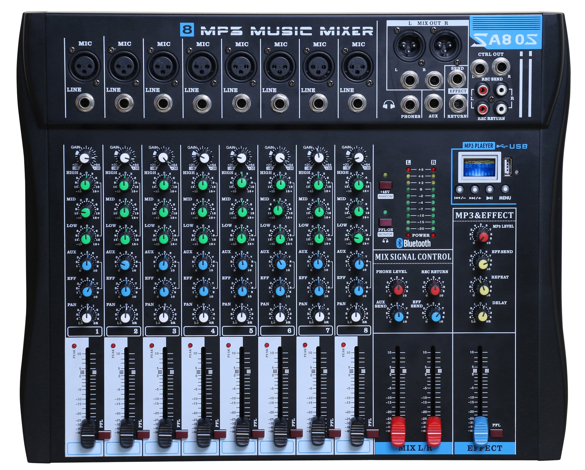 Profesional de 8 vías mezclador multi-formato MP3 con Bluetooth karaoke etapa profesional sintonizador fábrica al por mayor