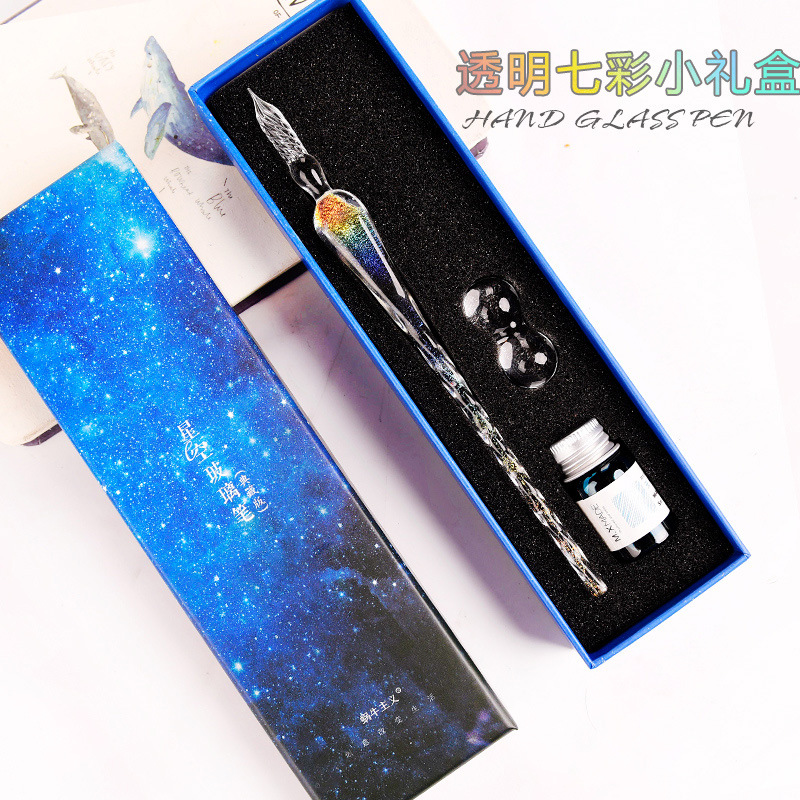 Hecho a mano cielo estrellado pluma de cristal inmersión agua cielo estrellado firma pluma brillo polvo inmersión pluma traje combinación fábrica al por mayor