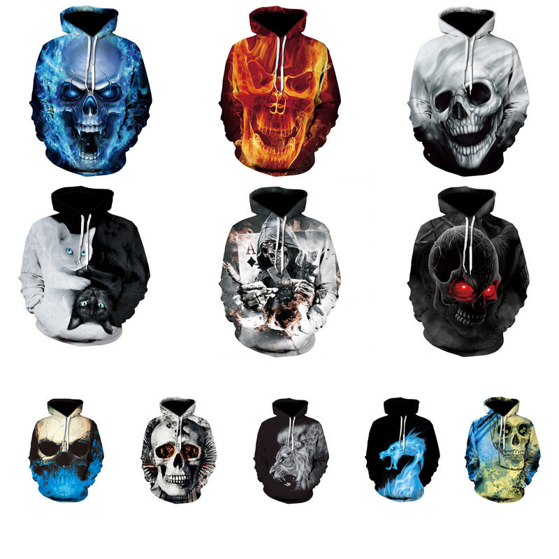 Amazon Fashion Personality Skull Ghost Black and White Cat 3D Digital Print Hoodie Pullover with Hood and Pockets Amazon Fashion Personality Skull Ghost Black and White Cat 3D Digital Print Hoodie Pullover with Hood and Pockets