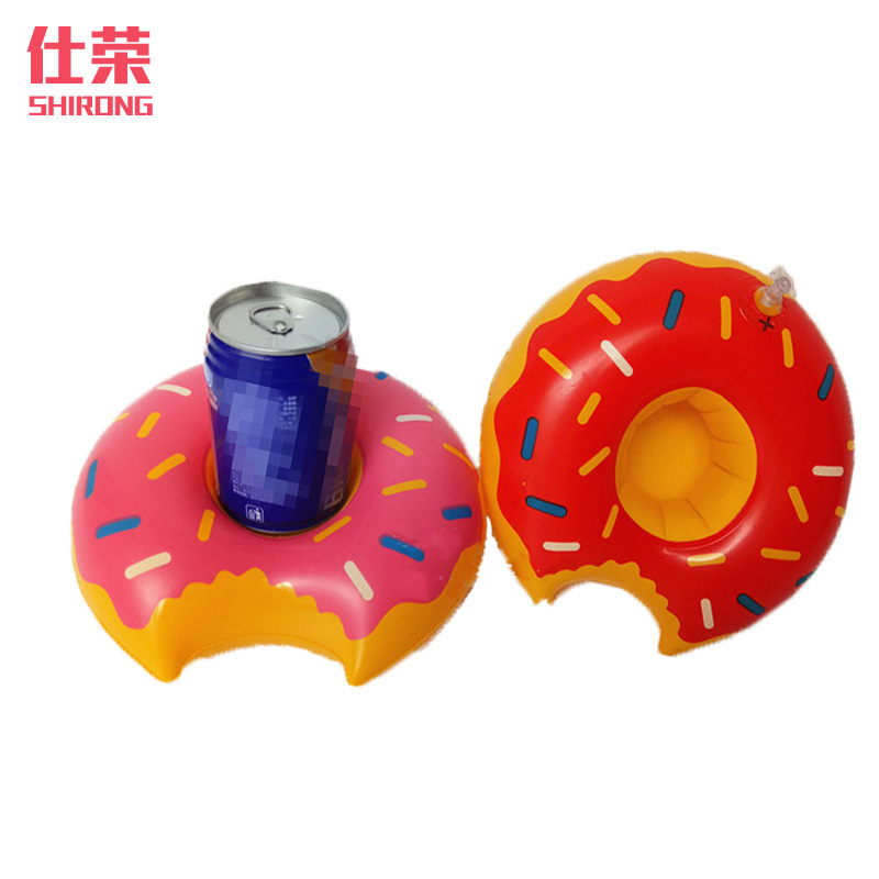 Inflatable cup holder with watermelon and donut design, suitable for water drinks, swimming rings, and photo props.