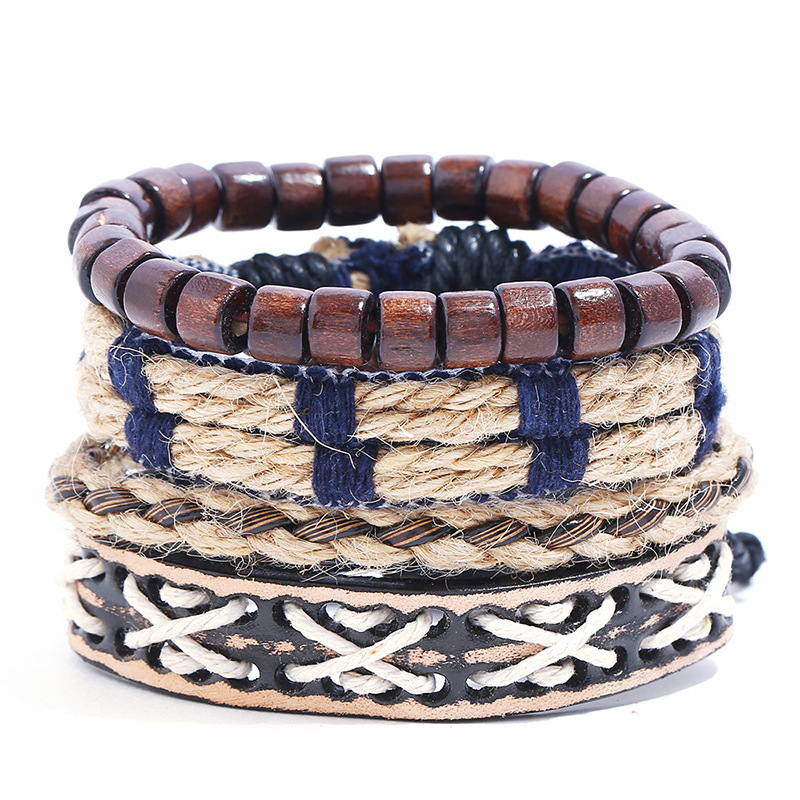 European and American Versatile Hemp Rope Braided Leather Bracelet Cross-Border Supply Vintage Men's Multi-Layer Fashion Hand Jewelry DIY Set