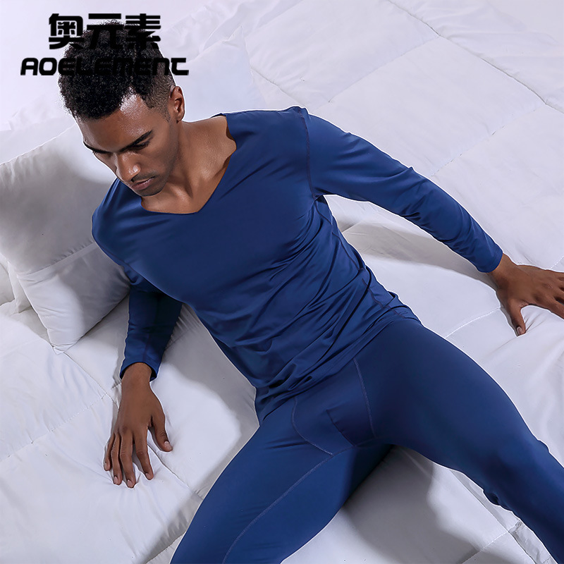 Ropa de otoño juvenil pantalones largos de color sólido de los hombres con cuello en V sin costuras de terciopelo Delgado engrosado de fondo ropa interior térmica traje de ventas directas de fábrica