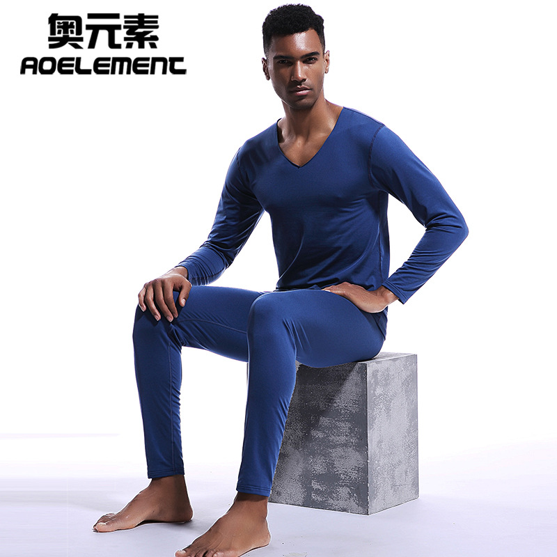Ropa de otoño juvenil pantalones largos de color sólido de los hombres con cuello en V sin costuras de terciopelo Delgado engrosado de fondo ropa interior térmica traje de ventas directas de fábrica