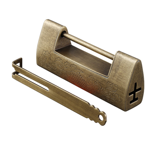 Chinese antique brass horizontal open padlock old-fashioned lock retro engraved all-copper ancient horizontal latch lock wooden box lock