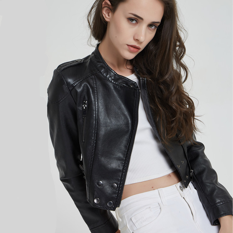 2023 Autumn Women's Leather Jacket Short Slim Stand Collar Women's Motorcycle Jacket Washed Small Leather Jacket
