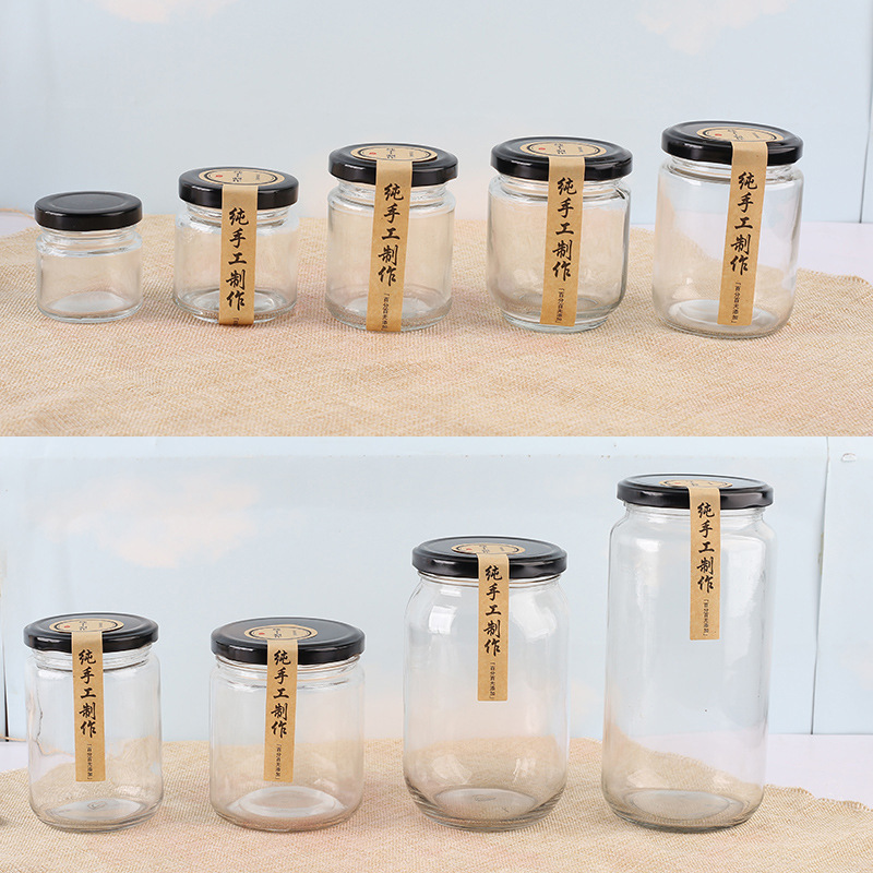 Transparent honey glass bottle canned bottle with lid round chili sauce storage sealed jar Pickles bottle factory wholesale
