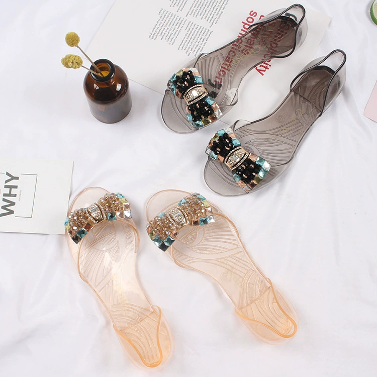 YuZhiHao Новая Осенняя Новая мода повседневные прозрачные женские сандалии на плоской подошве с бантом и бисером для дома и улицы