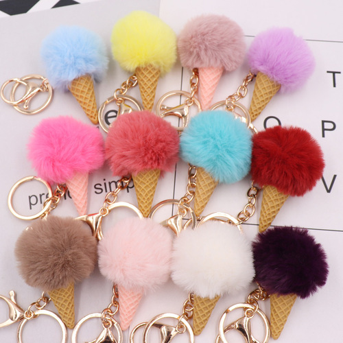 New 5cm imitation Rex rabbit fur ball ice cream cone keychain pendant bag key pendant wholesale