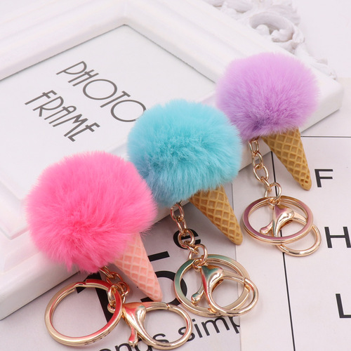 New 5cm imitation Rex rabbit fur ball ice cream cone keychain pendant bag key pendant wholesale