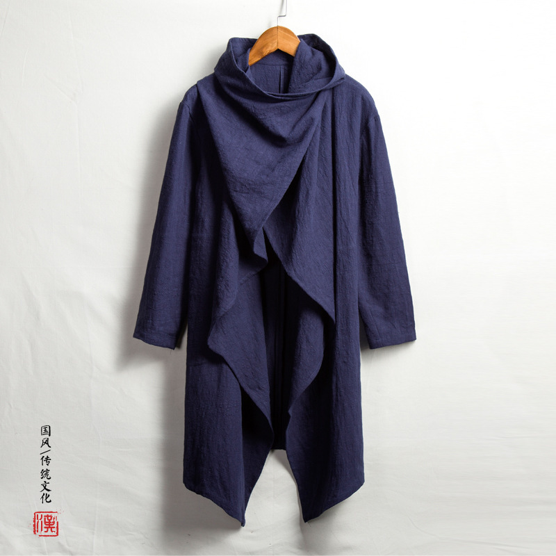 Autumn and winter new Chinese style men's cotton and linen mid-length solid color men's trench coat