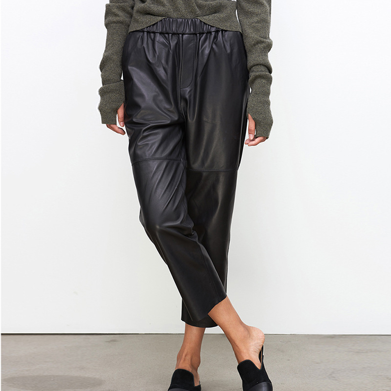 Versatile Slimming New Style Sheepskin Cropped Pants for Women, Fashionable Elastic Waist Loose Straight-Leg Lambskin Pants, Tapered Leather Pants Versatile Slimming New Style Sheepskin Cropped Pants for Women, Fashionable Elastic Waist Loose Straight-Leg Lambskin Pants, Tapered Leather Pants