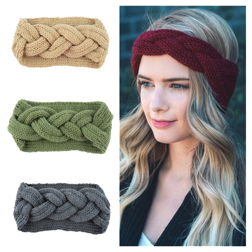 European and American knitted wool headband cross ear protection headband hand-knitted headband flat fashion warm autumn and winter hair accessories
