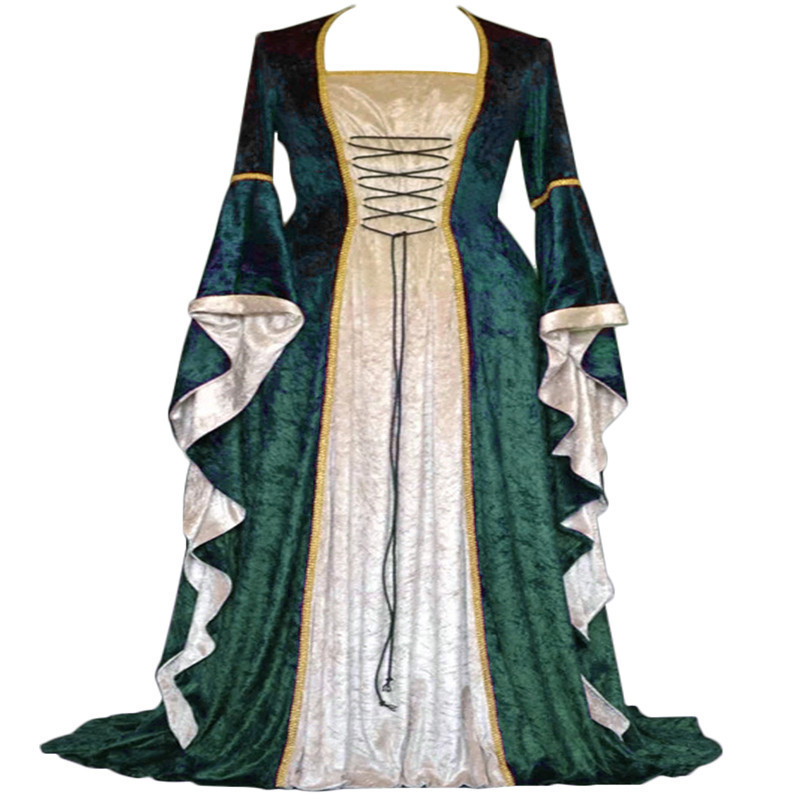 2019 European and American Style Gold Velvet Strap Trumpet Sleeves Retro Medieval Long Floor-Length Dress Women's Long Skirt 2019 European and American Style Gold Velvet Strap Trumpet Sleeves Retro Medieval Long Floor-Length Dress Women's Long Skirt