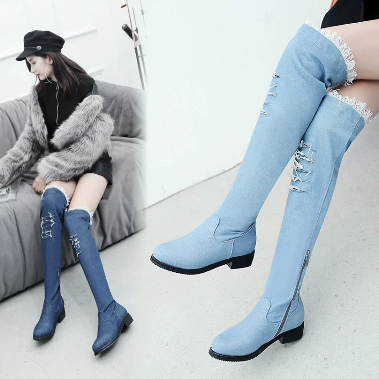 Трансграничный стиль преппи 2021 Новая мода Джинсовая поверхность низкий каблук квадратный каблук-размер 48 окрашенные сапоги Внешняя торговля