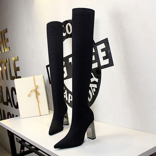 3128-1 European and American fashion simple metal heel thick heel high heel pointed toe sexy nightclub slim woolen over-the-knee boots