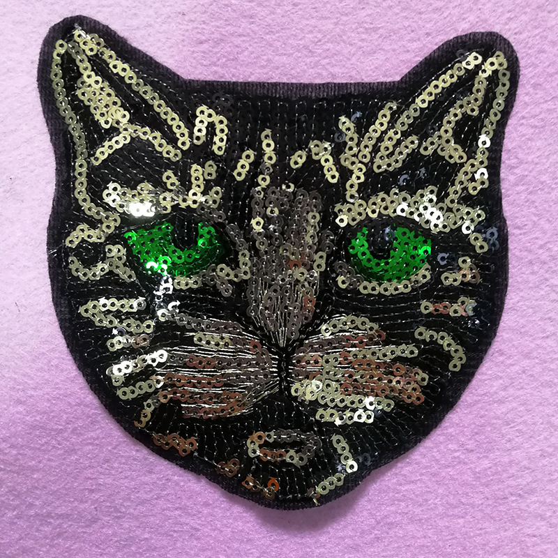 绿眼睛猫头珠片绣花章 服装箱包辅料补丁 刺绣徽章布贴绣花标