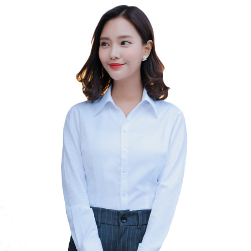 2024 New Women's Long Sleeve White Shirt OL Slim Business Wear Interview Work Clothes Cotton V-Neck Shirt Formal Collar