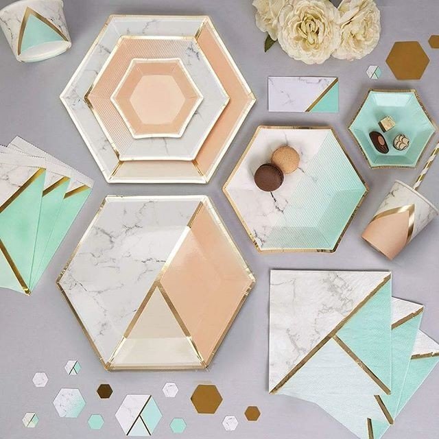 New Hexagon Irregular Dinner Plate suit Party Birthday Tableware Disposable Paper Plate Dish Pink Green Bronzing