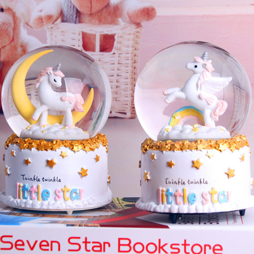 Creative Birthday Gift Unicorn Crystal Ball Music Box Cartoon Resin Ornament Home Decor Gift Wholesale