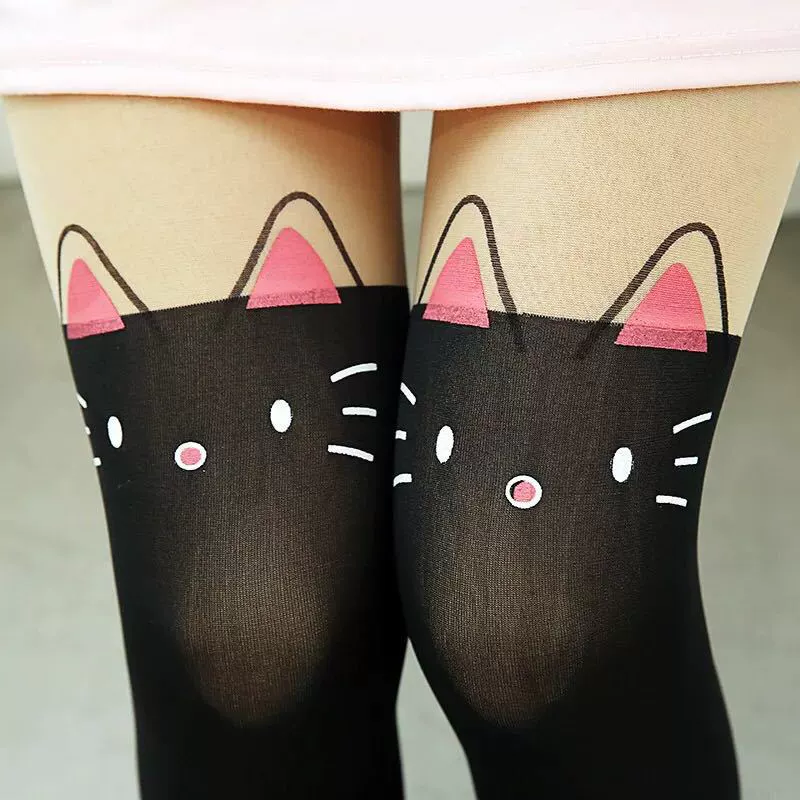 Japanese fake knee stitching stockings kitty cat little devil tattoo tattoos tattoo fake high tube pantyhose