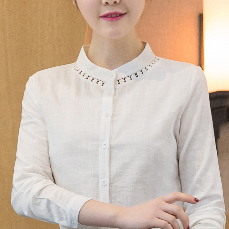 New Spring and Autumn Korean style solid color bottoming shirt hollow round neck long sleeve slim cotton and linen casual shirt Women's slimming waist New Spring and Autumn Korean style solid color bottoming shirt hollow round neck long sleeve slim cotton and linen casual shirt Women's slimming waist