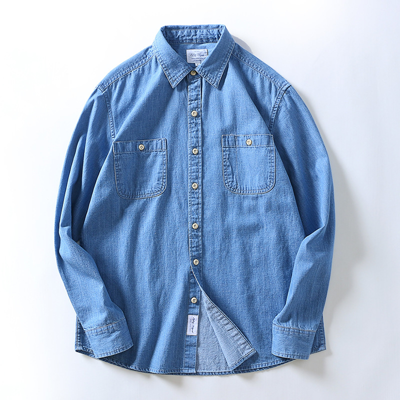 Camicia da uomo a maniche lunghe in puro cotone slub, stile casual europeo e americano, semplice, in denim di cotone._voghion.com