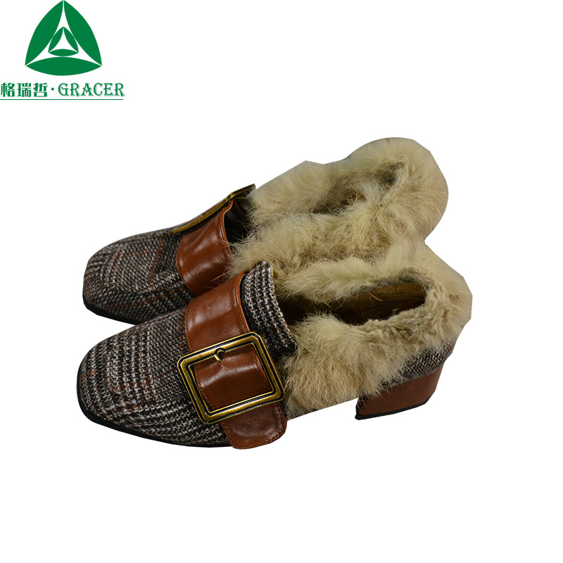 2018二手毛毛鞋外穿韩版方扣方头浅口粗跟时装单鞋杂款便宜低价卖